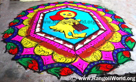 Cute little duck holding fancy bag and wears scarf rangoli